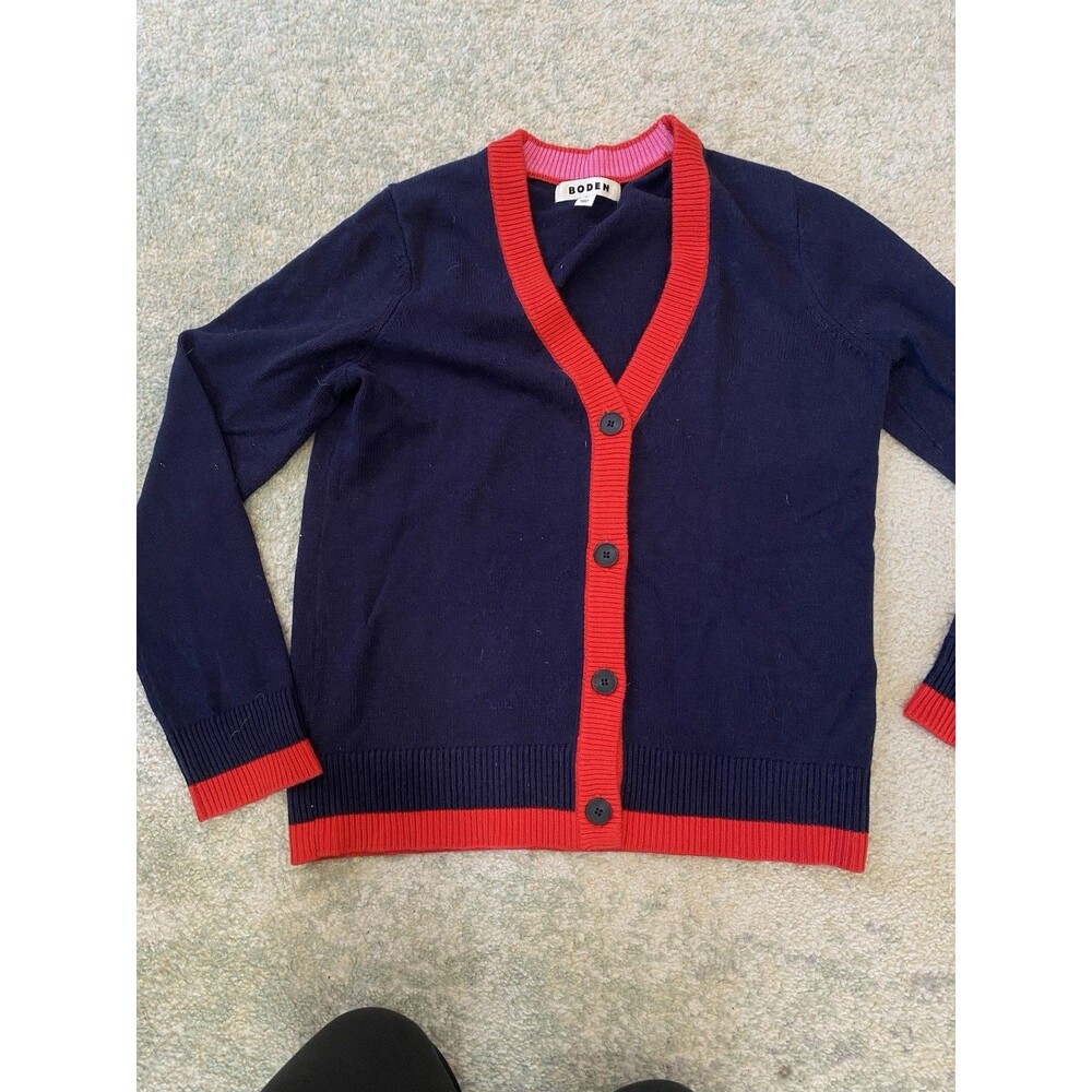 Boden Cardigan Sweater Size S Navy Blue Pink Red Button Scarlett Wool Academic